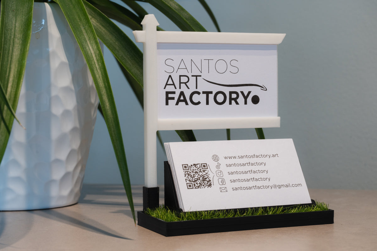 Black 3D printed real estate business card holder with yard sign display