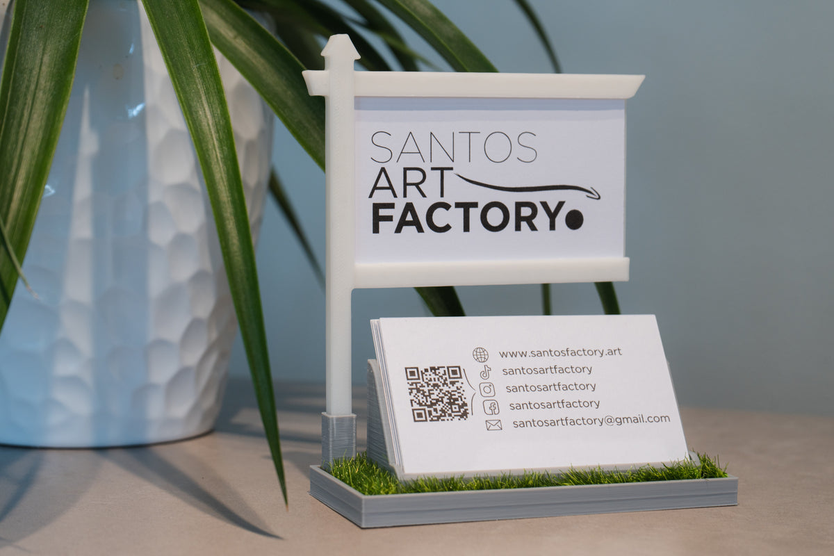 Gray 3D printed real estate business card holder with yard sign display
