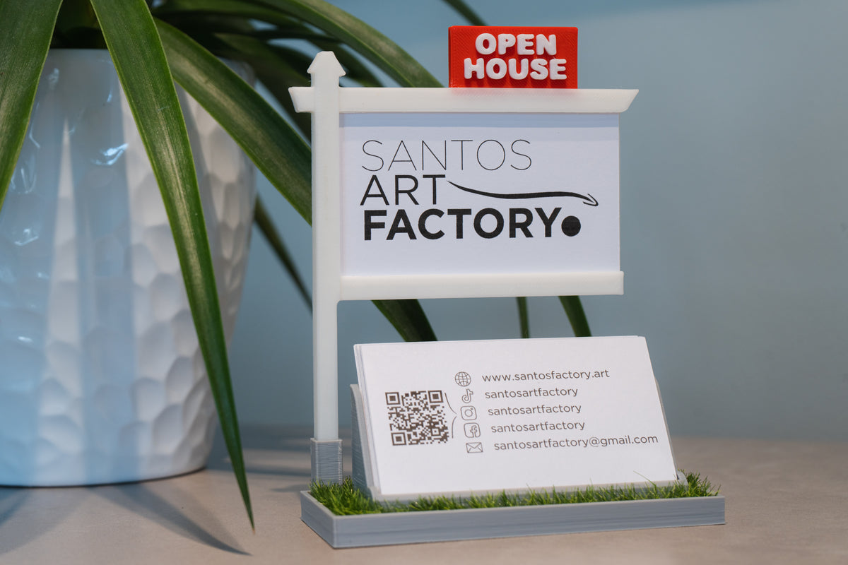 Gray real estate business card holder with red OPEN HOUSE sign