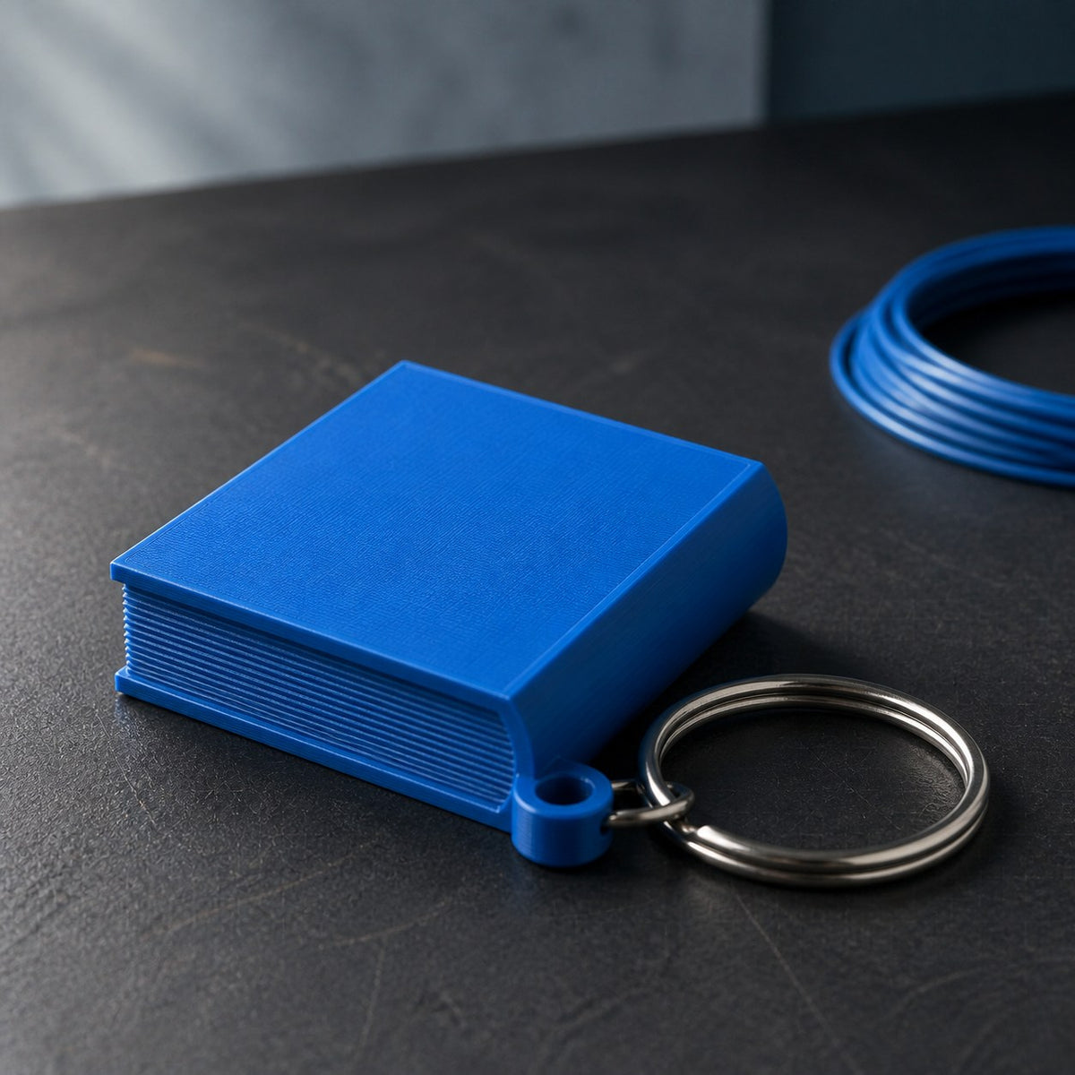 Blue 3D-printed book keychain attached to a metal key ring on a maker's workbench