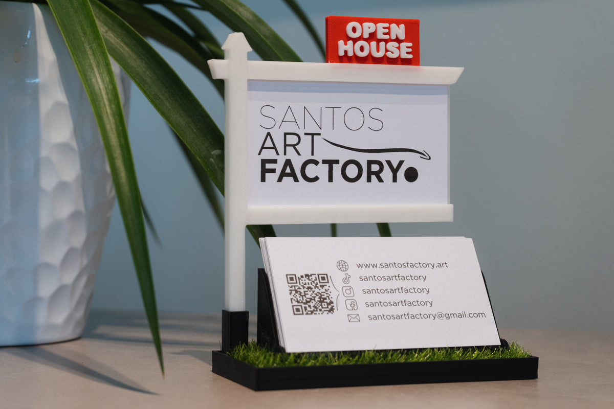 Black real estate business card holder with red OPEN HOUSE sign